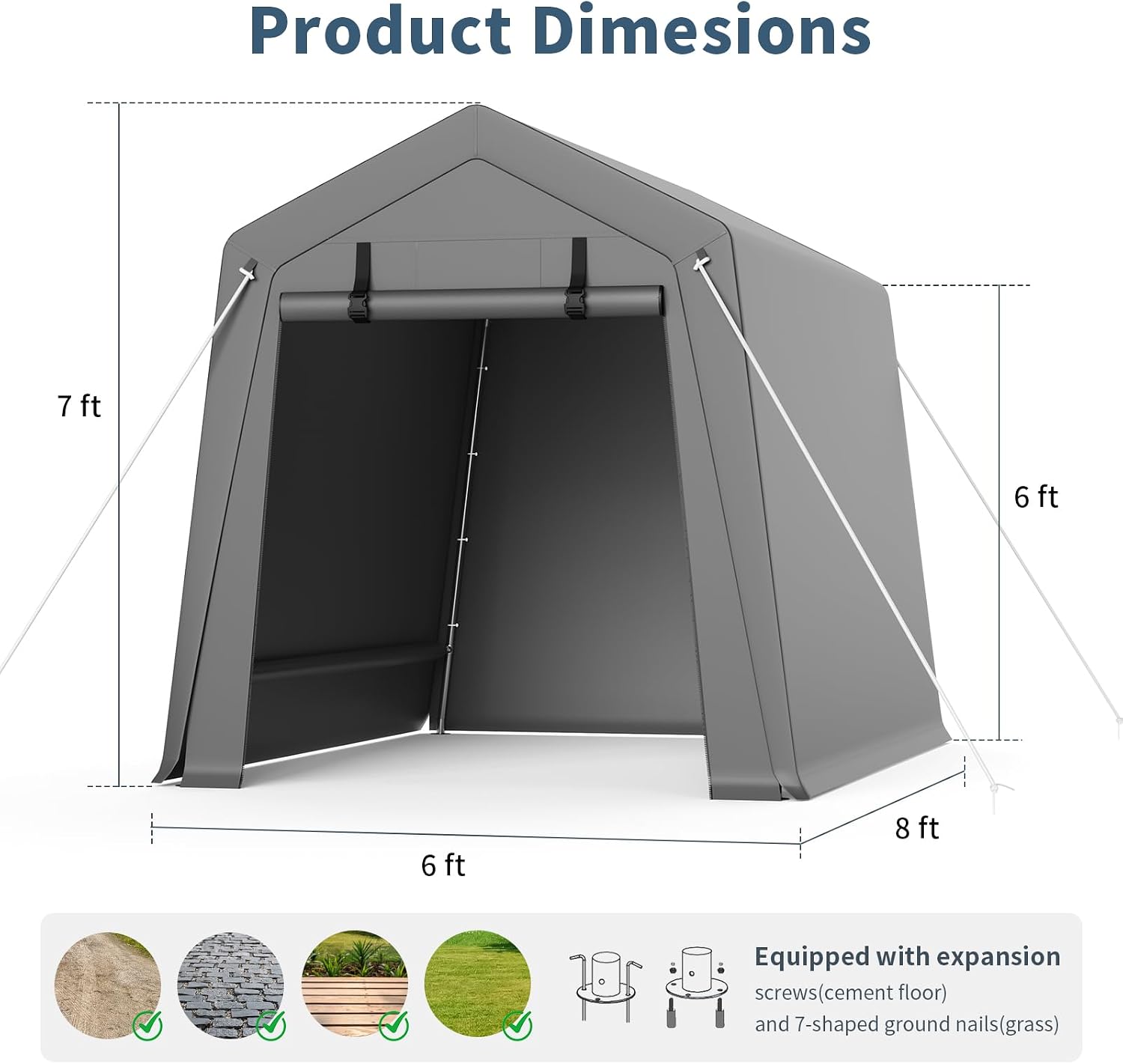 GAOMON 6'x8' Outdoor Portable Garage, Waterproof & UV-Resistant Storage Shed with 2 Roll-Up Doors, Carport Tent for Motorcycle, Bike, and Tools, Gray