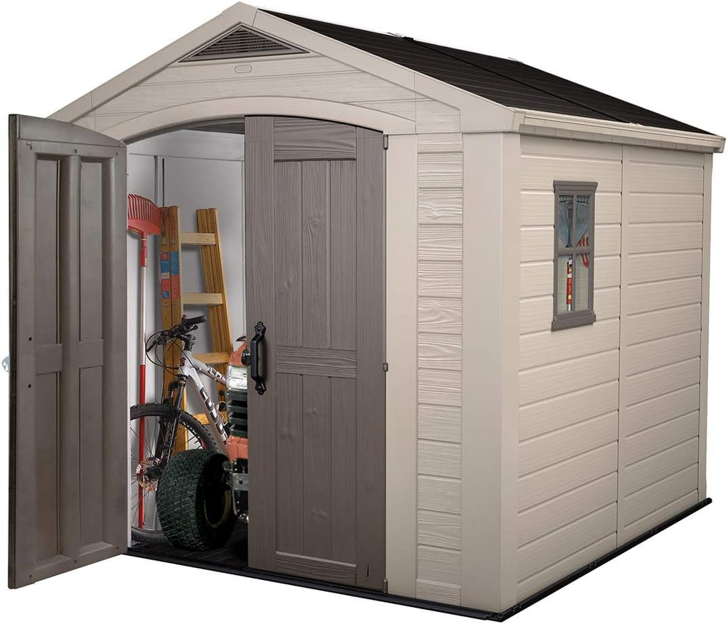 Keter Factor 8x8 Ft All-Weather Storage Shed with Skylight, Window, Built-in Ventilation, Customizable Walls, & Lockable Double Doors, Brown