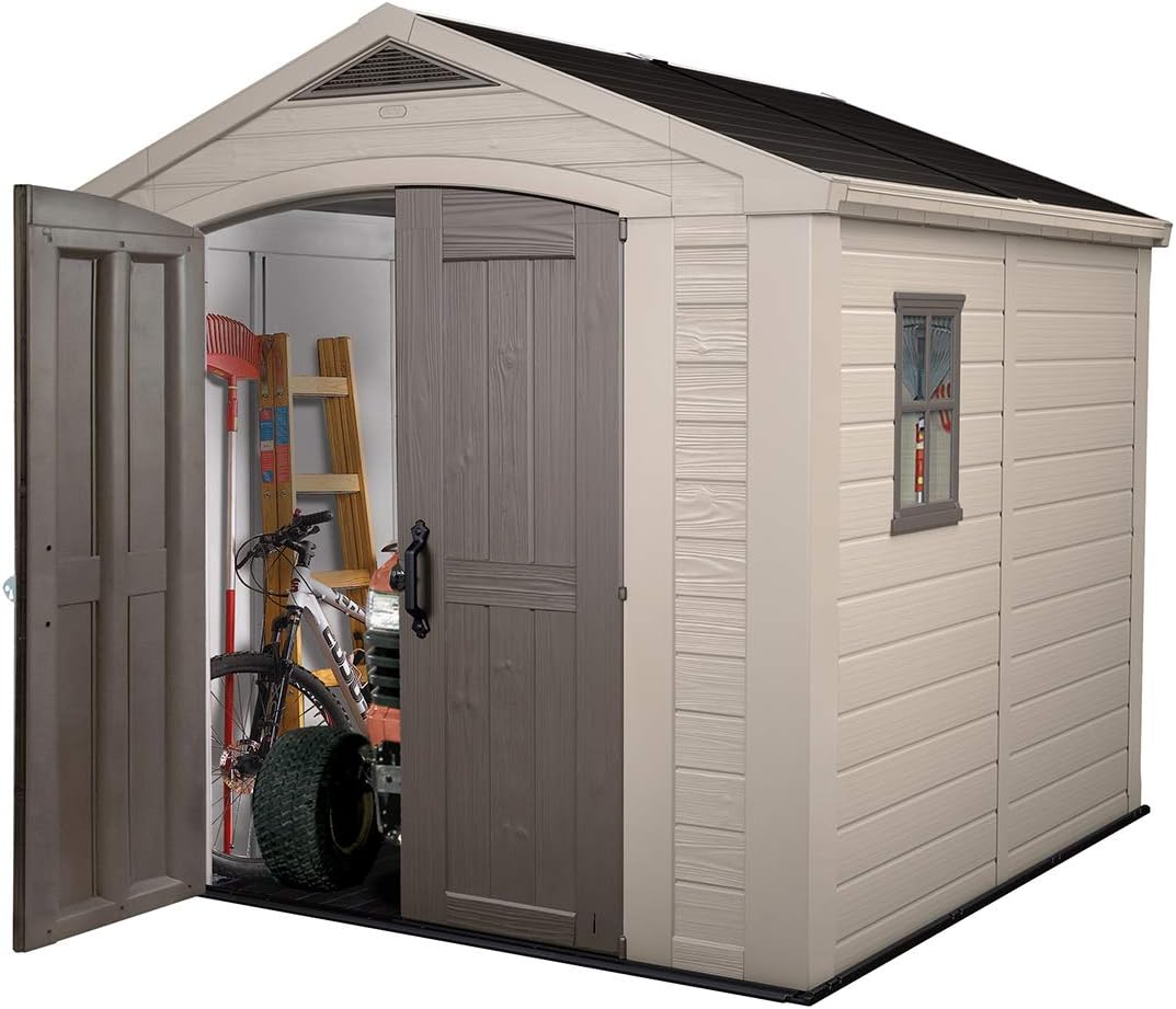 Keter Factor 8x8 Ft All-Weather Storage Shed with Skylight, Window, Built-in Ventilation, Customizable Walls, & Lockable Double Doors, Brown