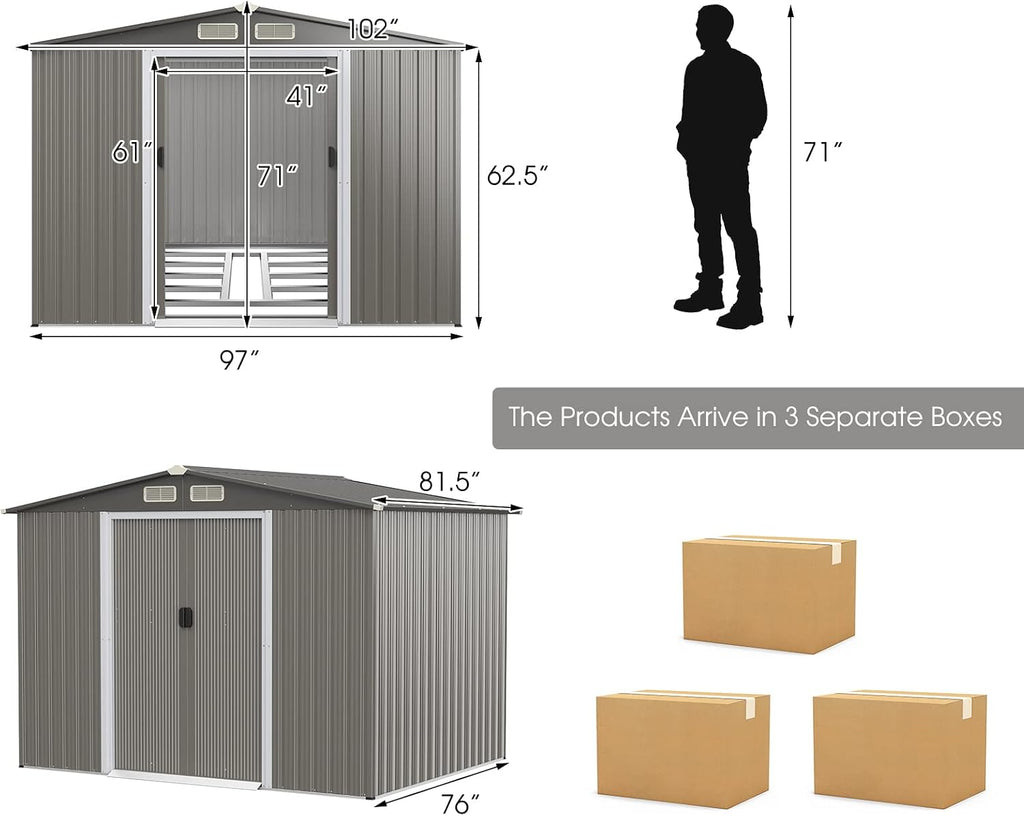 Goplus Outdoor Storage Shed, 8.5' x 6.8' x 6' Weather-Resistant Utility Tool Organizer w/Foundation, 4 Louvers, Double Doors & Ramp, Galvanized Steel Tool Shed for Garden, Lawn, Yard