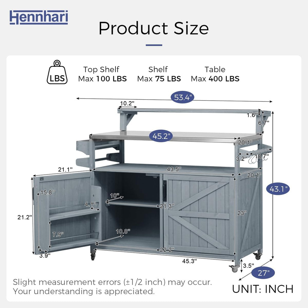 Outdoor Kitchen Island with Stainless Steel Top & Raised Shelf, Rolling Grill Cart with Spice & Towel Rack, Outdoor Island Table with Storage Cabinet & Hooks (Greyblue)