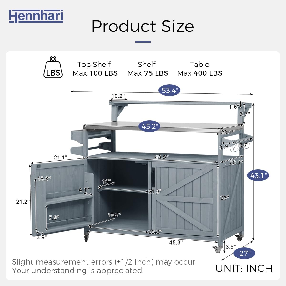 Outdoor Kitchen Island with Stainless Steel Top & Raised Shelf, Rolling Grill Cart with Spice & Towel Rack, Outdoor Island Table with Storage Cabinet & Hooks (Greyblue)