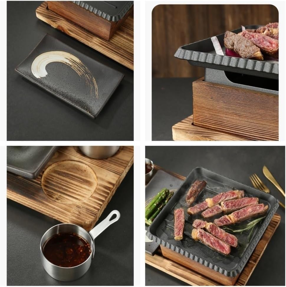 Compact Tabletop BBQ Grill Set with Wooden Stand, Portable Alcohol Barbecue Stove for Indoor Cooking, Outdoor Picnics, Camping, Small Parties(Medium)