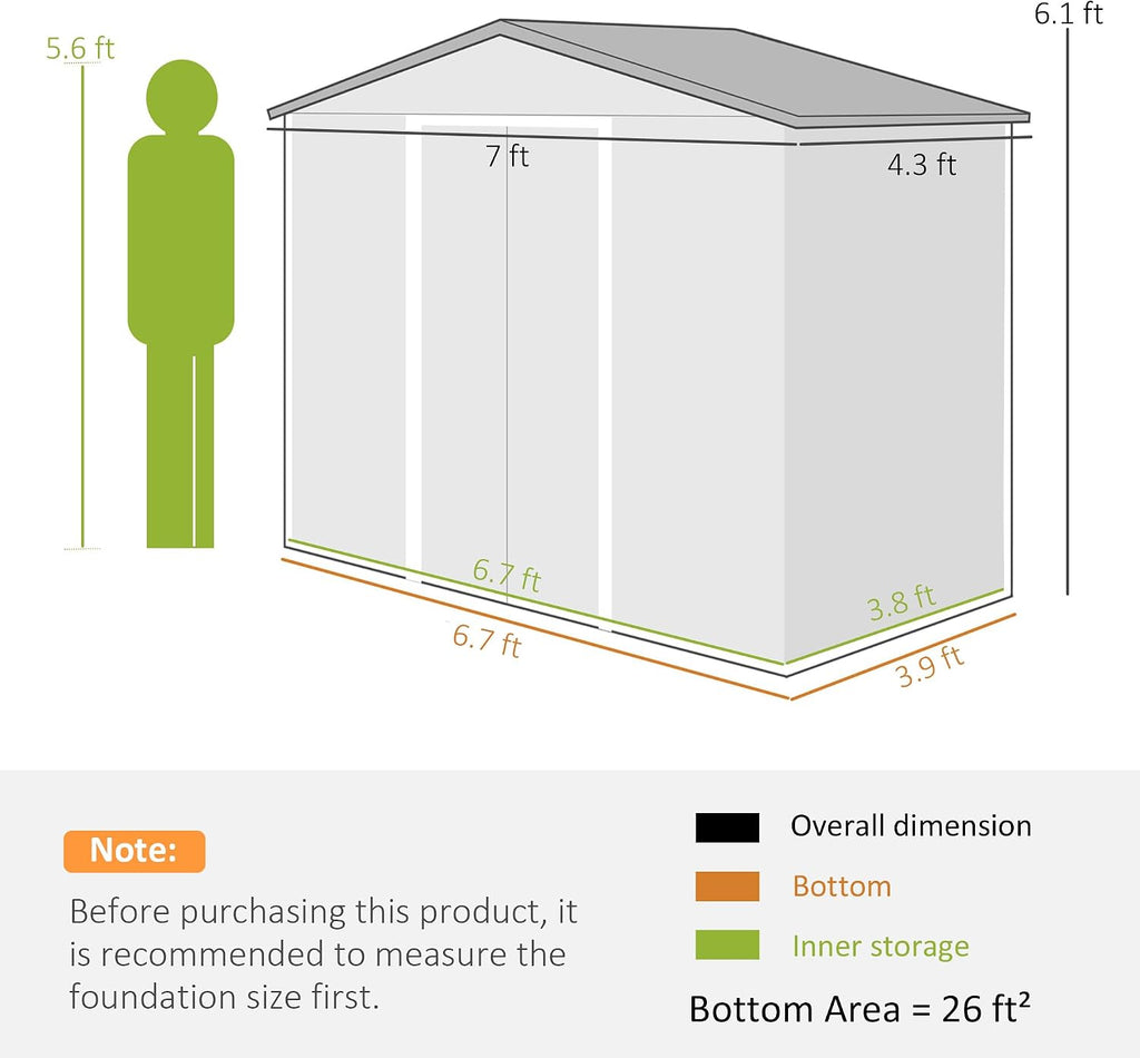 Outsunny 7' x 4' Outdoor Storage Shed, Garden Tool Metal Shed with Foundation Kit, Double Lockable Door, Air Vents and Sloping Roof, for Backyard, Patio, Lawn, Yellow