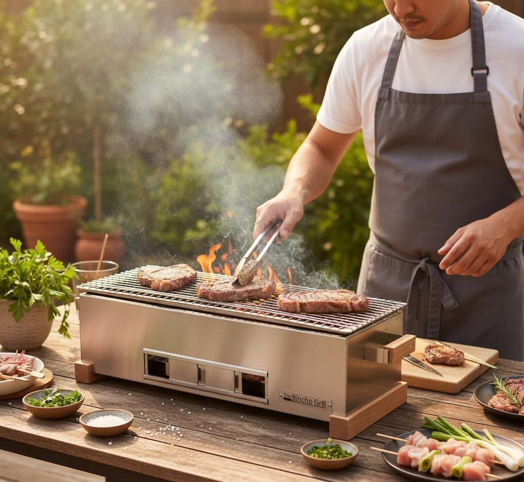 The Bincho Grill 24 Inch Wide Body Yakitori Grill – Japanese Style Charcoal Robata BBQ for Skewers, Steaks, and More – Restaurant-Quality Binchotan Tabletop Grill – Portable and Durable