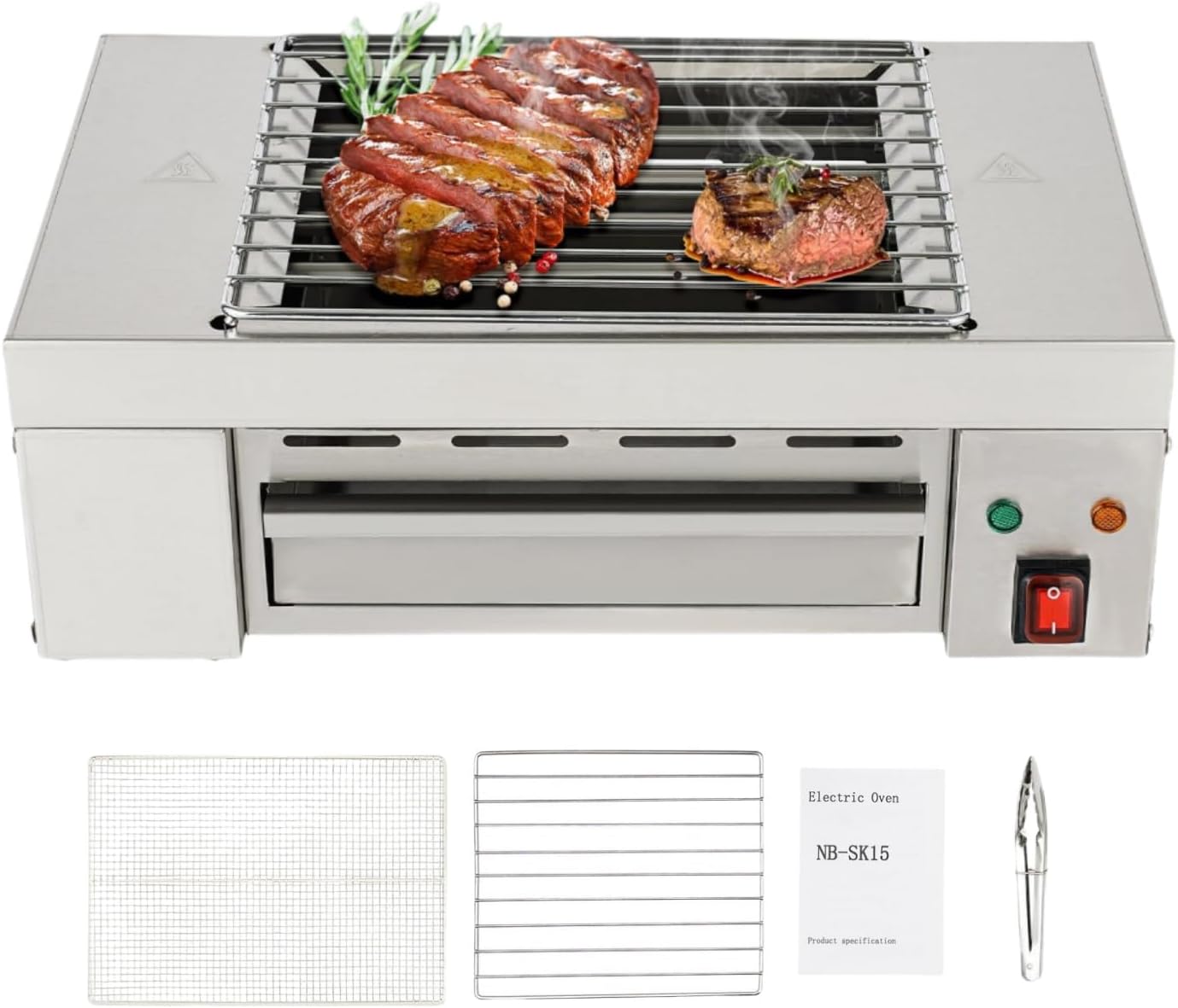 Electric Barbecue Grill, 110V 1500W Indoor Small Korean BBQ Grill with Barbecue Clip&Detachable Grill Mesh&Tray for Home and Commercial Use, Stainless Steel