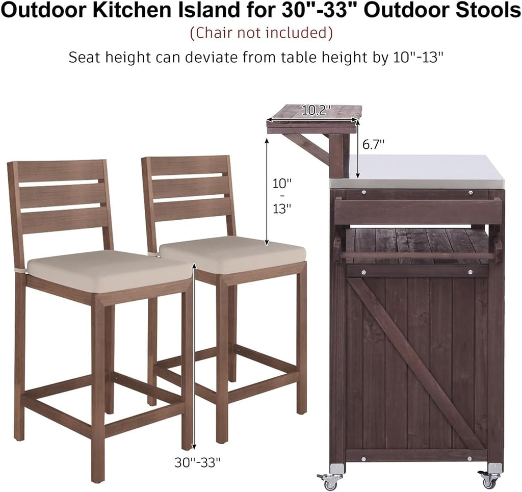 Outdoor Kitchen Island with Stainless Steel Top & Raised Shelf, Rolling Grill Cart with Spice & Towel Rack, Outdoor Island Table with Storage Cabinet & Hooks (Brown)
