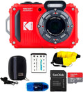 Kodak PIXPRO WPZ2 Waterproof Digital Camera Bundle, Includes: SanDisk 64GB MicroSD Memory Card, Spare Battery and More (6 Items) (Red)