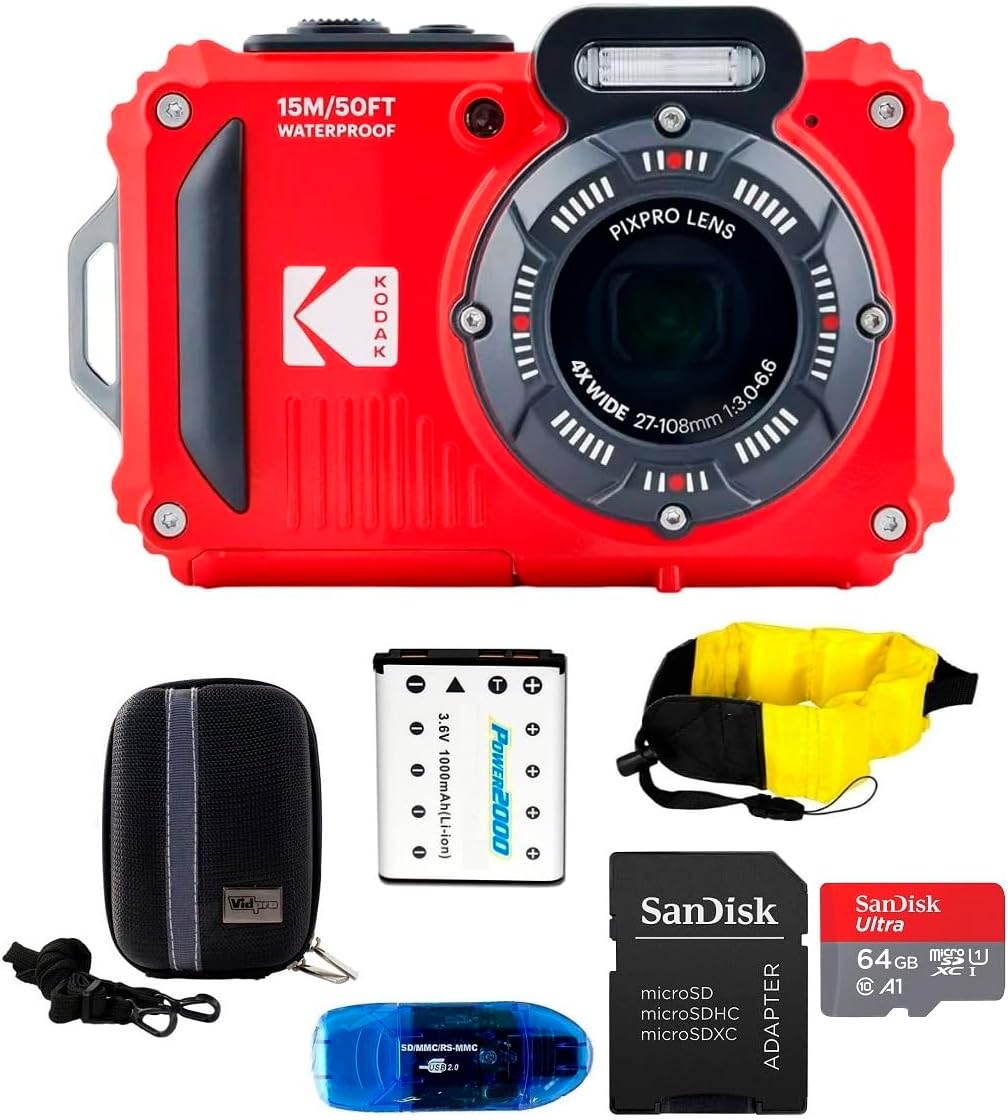 Kodak PIXPRO WPZ2 Waterproof Digital Camera Bundle, Includes: SanDisk 64GB MicroSD Memory Card, Spare Battery and More (6 Items) (Red)