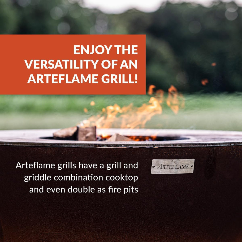 ARTEFLAME Charcoal BBQ Grill, Griddle, and Fire Pit Bundle | Gourmet Outdoor Cooking Essentials | Steakhouse Searing Set (40' Low Euro Base with 2 Grilling Accessories) MADE IN USA