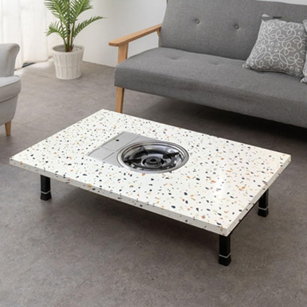 Korean BBQ Grill Table, Low Floor Folding Dining Table with Built-in Gas Stove, Portable Tatami Style for Indoor Cooking, Made in Korea (Terrazo,L Size)