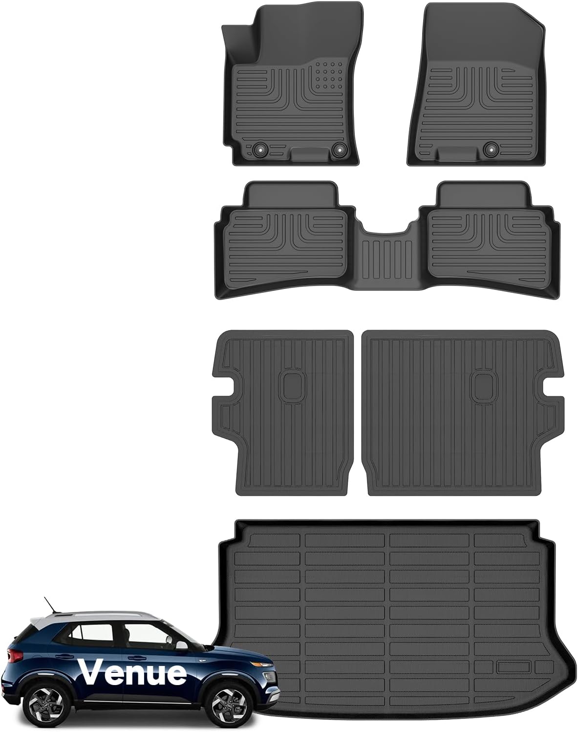 Wayhigh® Floor Mats & Seatback Cargo Liner Hyundai Venue 2020-2025 2026 (Only Fit The Upper Floor of The Trunk) (Velcro Tape Fixed Backseat), All Weather TPE Waterproof Floor Mats, Accessories