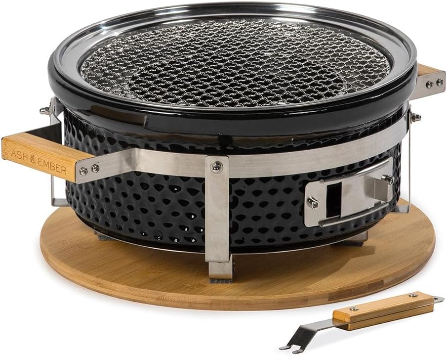 Ash & Ember 14' Hibachi Tabletop Grill & Griddle Set, Ceramic Charcoal Grill, Stainless Steel Cooking Grate, Non-Stick Maifan Griddle, Griddle Lifter, Adjustable Temp Control