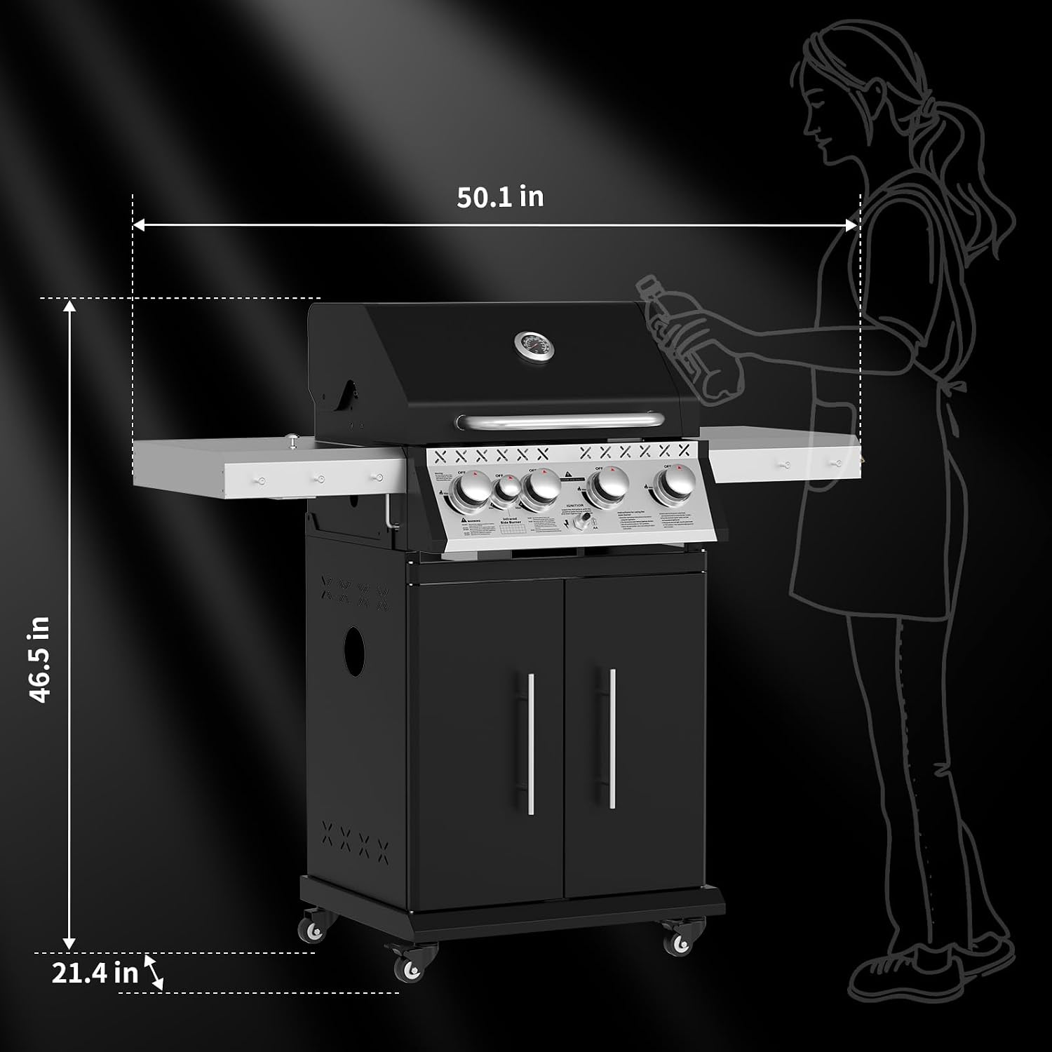 Propane Gas Grill, 4+1 Stainless Steel Barbecue Grill with Infrared Side Burner for Outdoor Cooking, Black