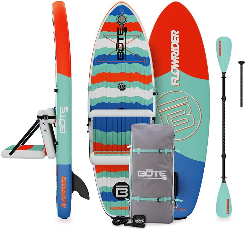 BOTE 8' FT Flow Rider Aero Inflatable Stand Up Paddle Board Hybrid Kayak Kit Includes Adjustable Aero SUP seat Adaptable Kayak iSUP Packable Paddle iSUP Travel Bag Blow Up Pump