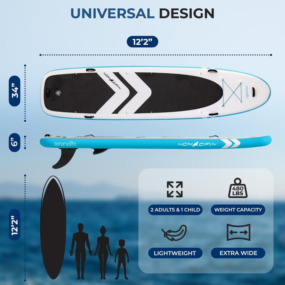 SereneLife 12'2' Inflatable Paddle Board - XL Family Stand Up Paddleboard with Seat for 2 Adults 1 Child - 34' Wide Stable Design with Non-Slip EVA Deck Pad, Premium SUP Accessories, 450 lbs Capacity