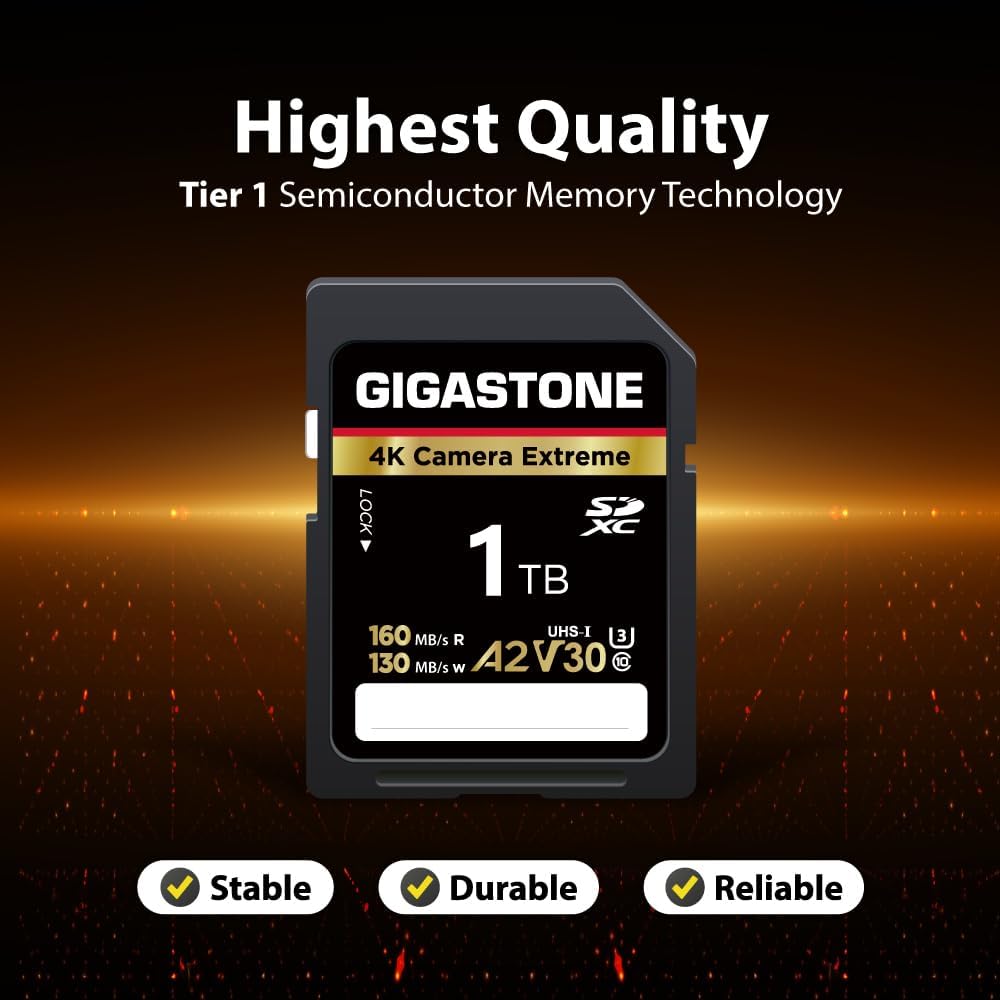 【5-Years Data Recovery】 GIGASTONE 1TB SD Card, 4K Camera Extreme, A2 V30 U3 C10 SDXC Memory Card High Speed, Compatible with Canon Kodak Olympus Digital Camera