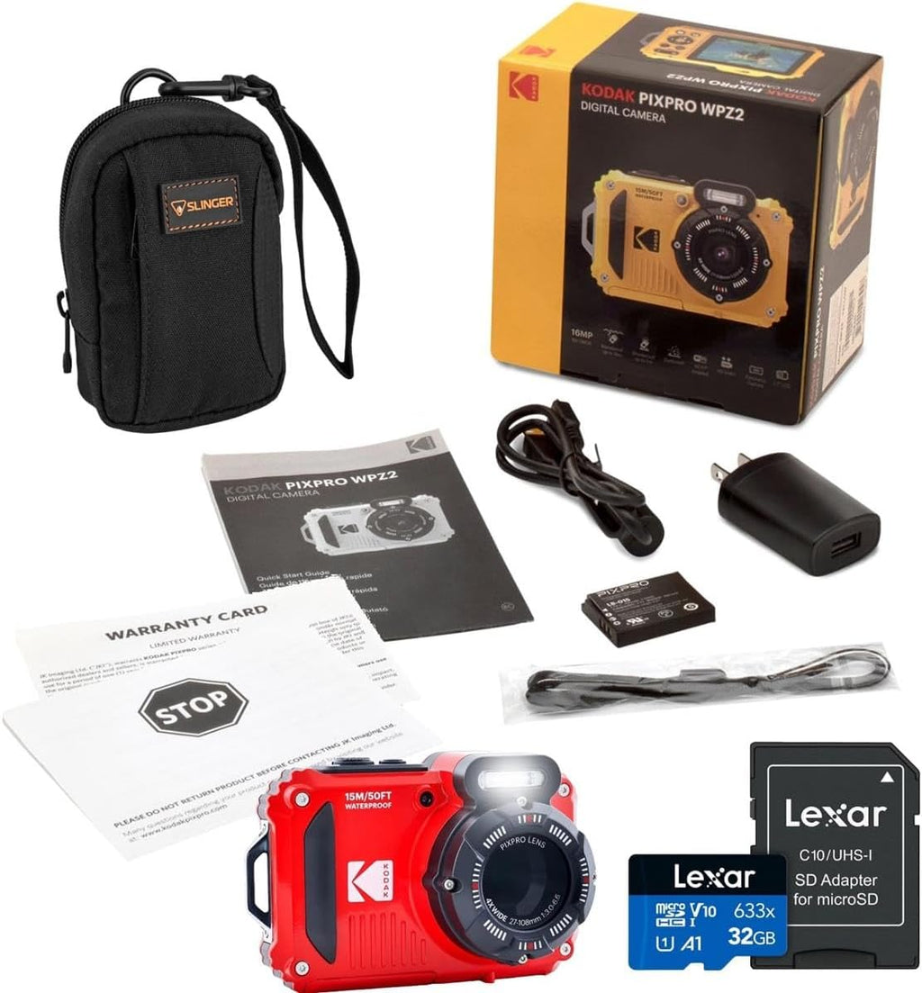 KODAK PIXPRO WPZ2 Rugged Waterproof Shockproof Dustproof WiFi Digital Camera 16MP 4X Optical Zoom 1080P Full HD Video Vlogging Camera 2.7' LCD Bundle with 32GB Memory Card and Camera Bag (Red)
