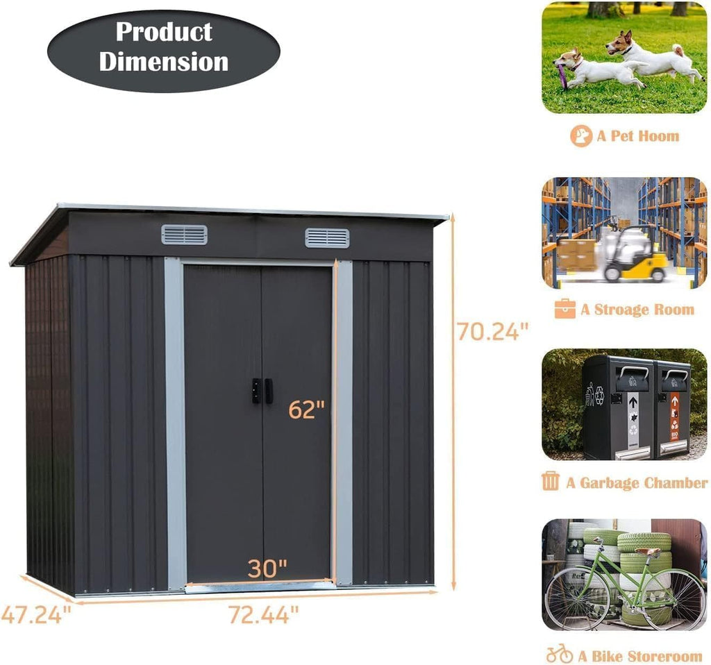 4ever2buy 6 x 4FT Outdoor Storage Shed with Sliding Door, Metal Garden Storage Shed for Bike, Small Tool Flat Shed for Backyard, Patio, Lawn