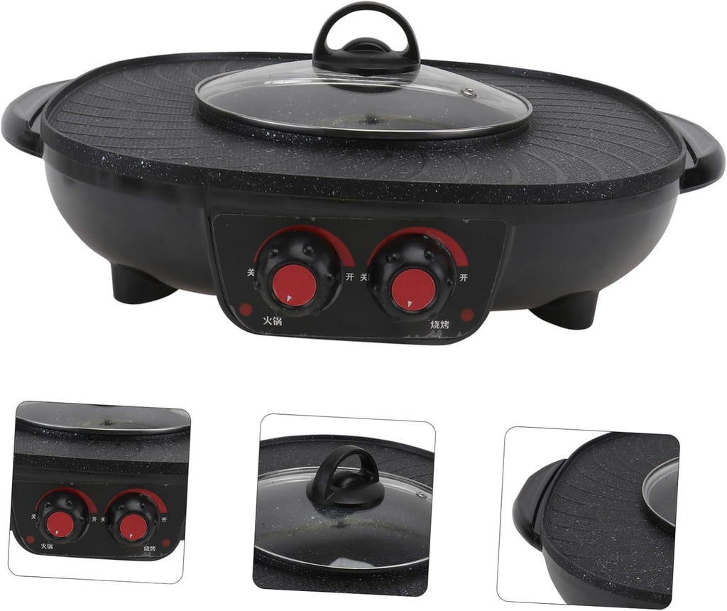 PRETYZOOM Electric Grill Cooker Hot Pot Divider Bbq Machine Smokeless Hot Pot Indoor Electric Grill Non-stick Coating Sturdy Lid
