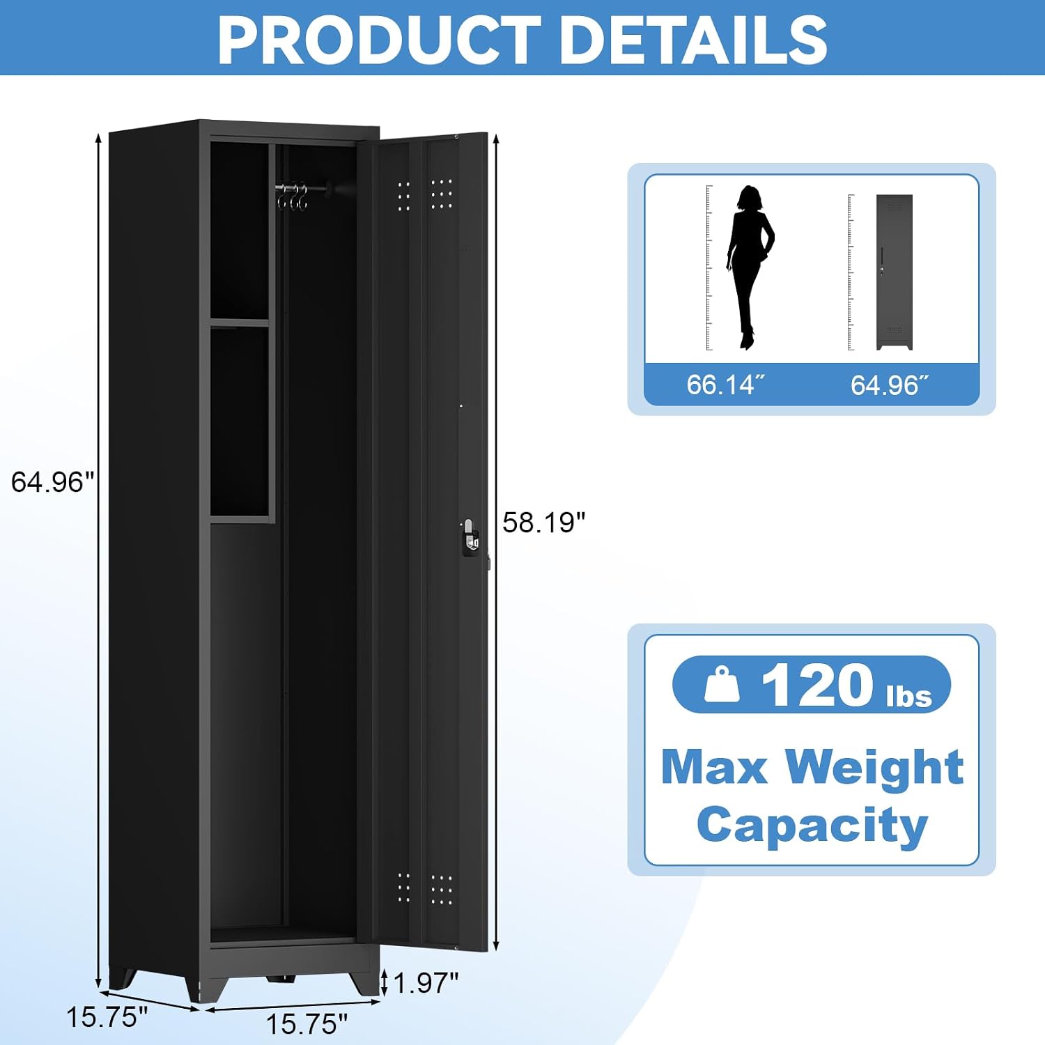 IRONFFICE Metal Utility Closet with Hanging Rod,Narrow Broom Closet with Door,Slim Laundry Storage Cabinet for Bathroo,Gym,Living Room,Black