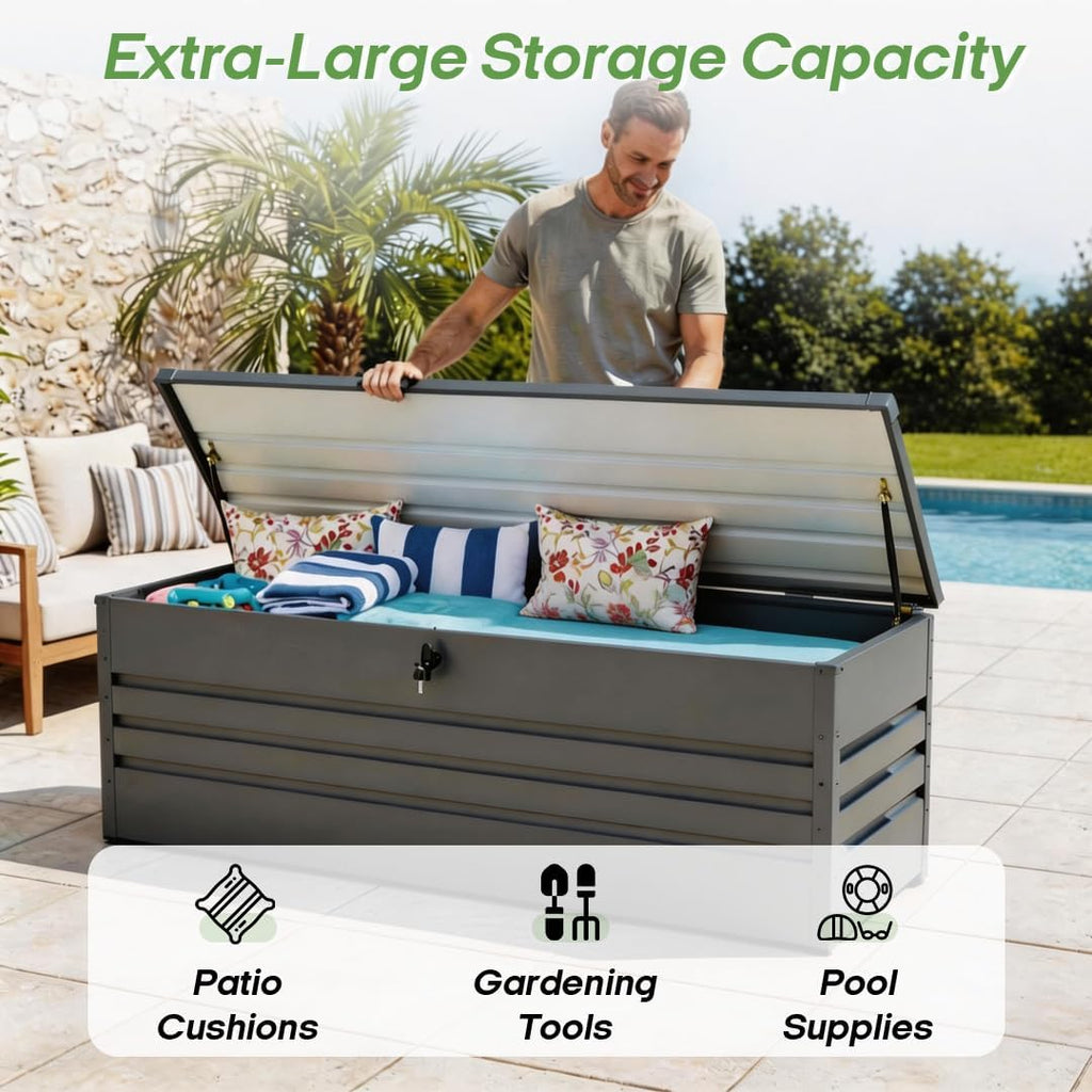 260 Gallon Metal Deck Box Waterproof, Extra Large Outdoor Stroage Box Weatherproof with Lid for Patio Cushions, Garden Tools, Pool Supplies, Black