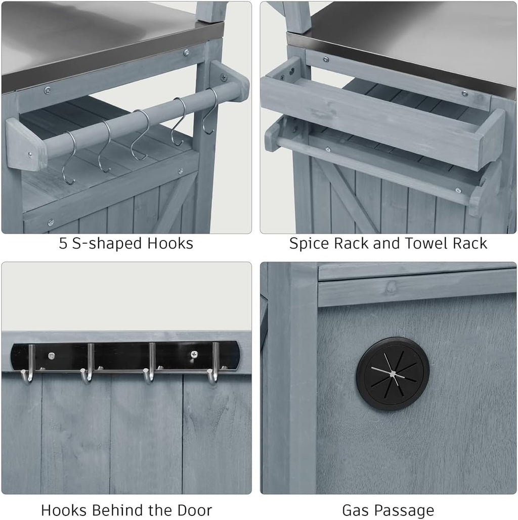 Outdoor Kitchen Island with Stainless Steel Top & Raised Shelf, Rolling Grill Cart with Spice & Towel Rack, Outdoor Island Table with Storage Cabinet & Hooks (Greyblue)