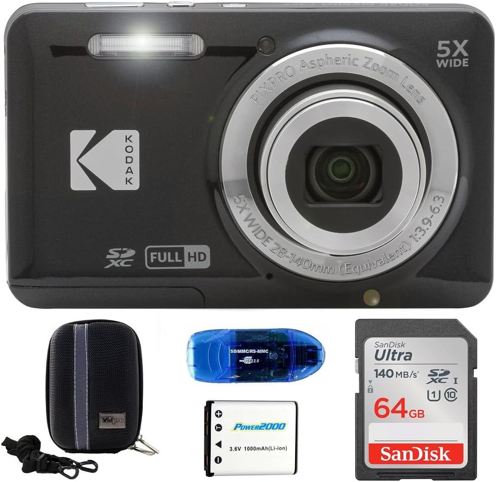 KODAK Pixpro FZ55 Digital Camera Bundle, Includes: SanDisk 64GB SDXC Memory Card, Hard Shell Camera Case, SD Card Reader and More (5 Items) (Black)