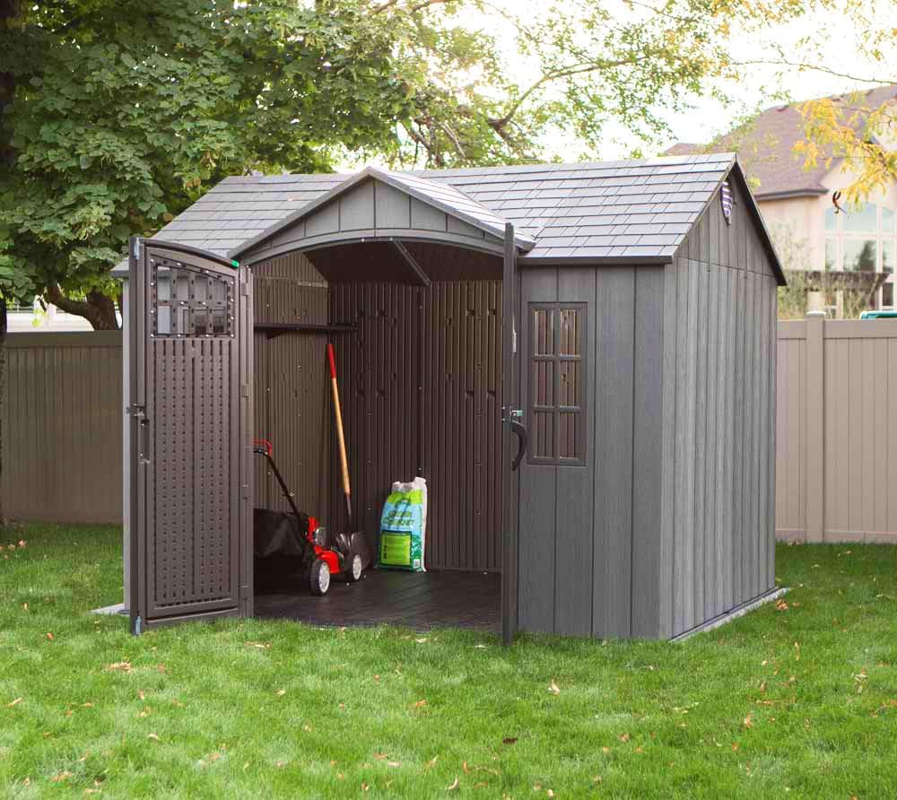 Lifetime 10 ft x 8 ft Outdoor Storage Shed – Heavy-Duty Resin Backyard Shed with Skylights, Windows, Steel-Reinforced Textured Walls
