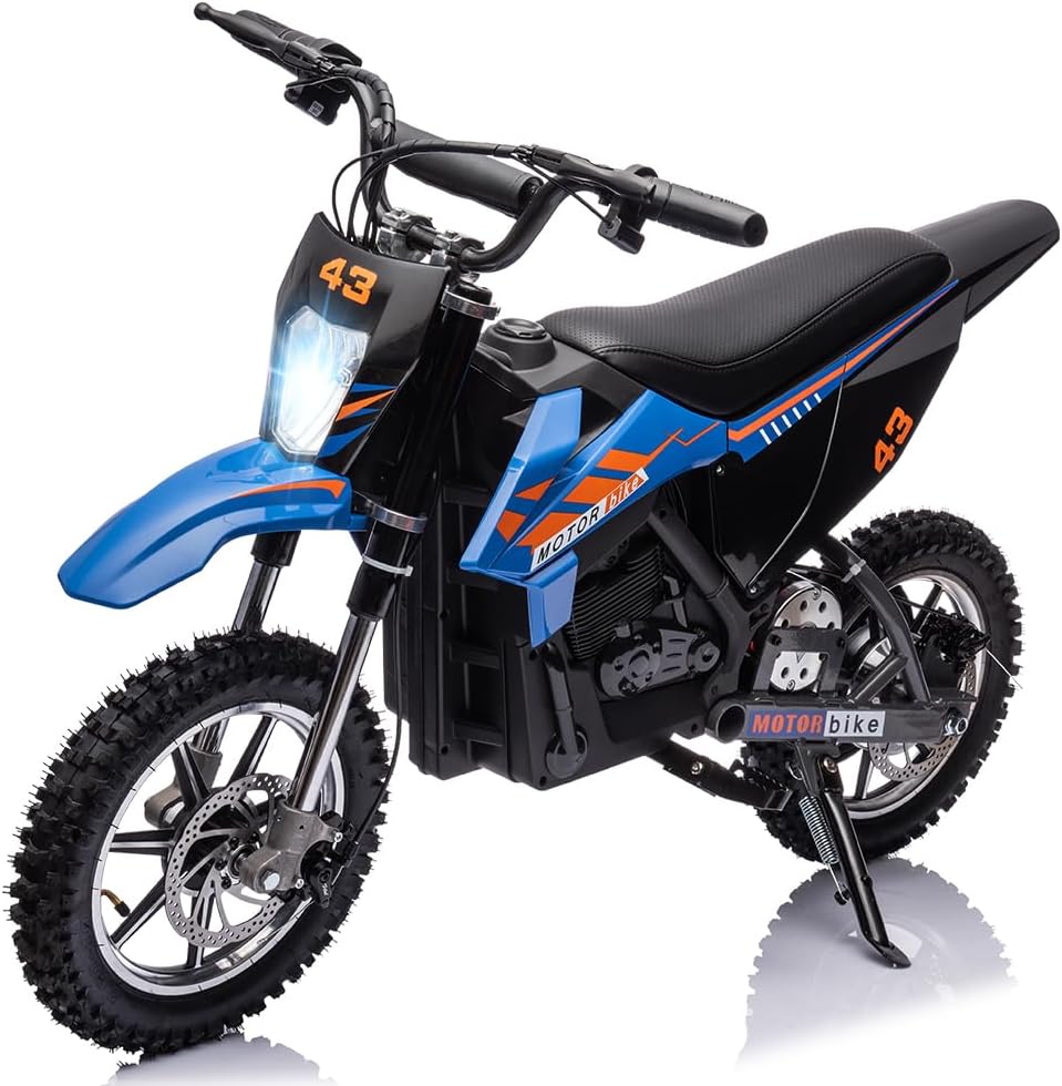 36V Kids Ride on Dirt Bike,15.5MPH Fast Speed Electric Battery-Powered Off-Road Motorcycle 500W Brushed Motor,Max Load 175 lbs,LED Light,Leather Seat,Disc Brake,Air-Filled Tires (Blue)