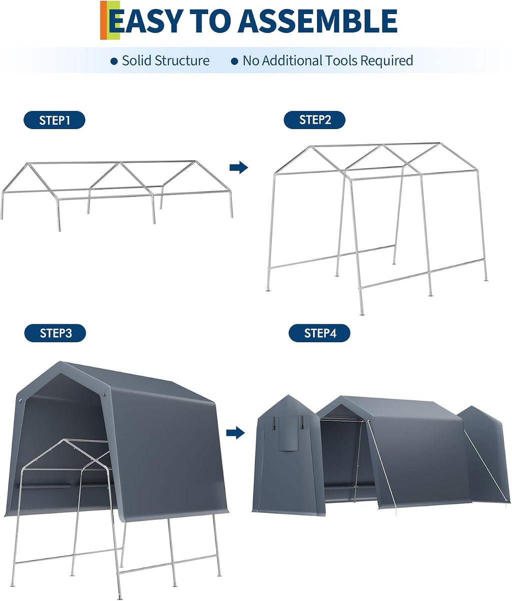 GarveeHome 6x6 FT Portable Outdoor Storage Shed with Roll-Up Zipper Door & Vent, 240G Heavy-Duty Shelter Waterproof PE Tarp, UV-Resistant Carport for Motorcycle, Firewood, Tools -Gray (Gray, 7x10)