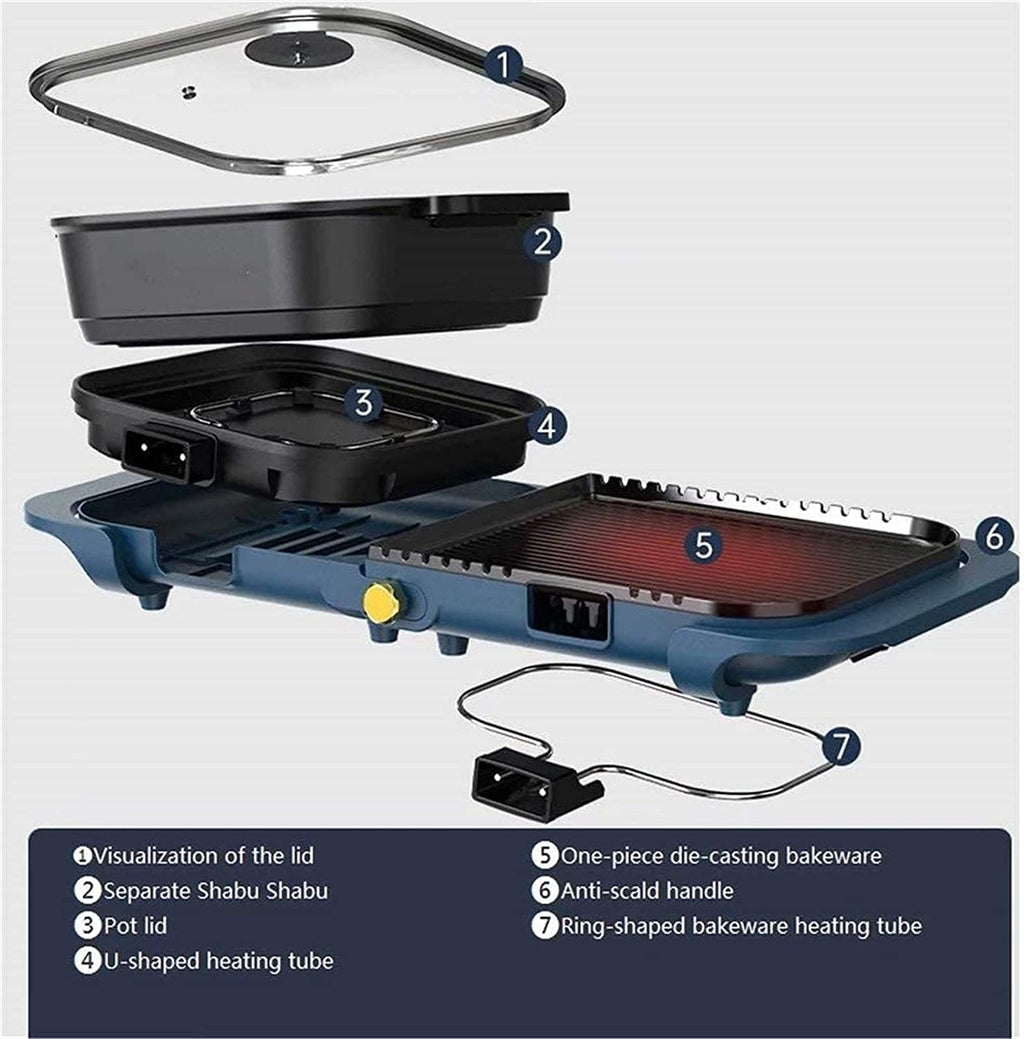 Indoor Korean Barbecue Grill Hot Pot Double Pot Electric Grill Table Grill with Lid Barbecue Hot Pot - 2200W 2 Grid 2 Flavor Non-Stick Pan Large Capacity Barbecue Indoor,Green 2,50 * 30 * 11Cm,P