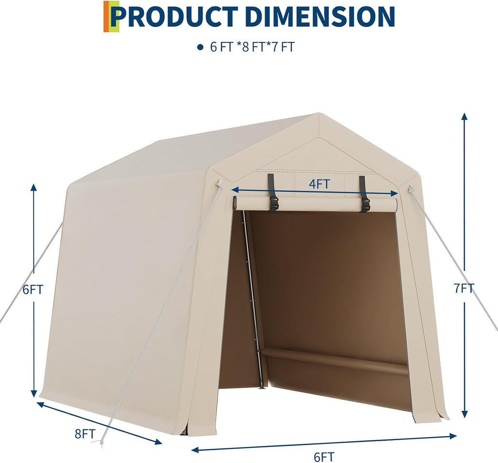 GarveeHome 6x6 FT Portable Outdoor Storage Shed with Roll-Up Zipper Door & Vent, 240G Heavy-Duty Shelter Waterproof PE Tarp, UV-Resistant Carport for Motorcycle, Firewood, Tools -Gray (Khaki, 6x8)