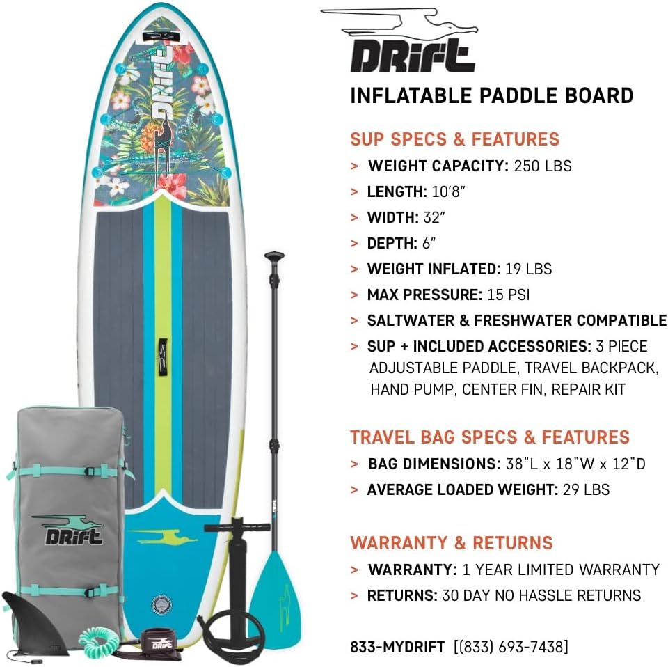 DRIFT Aero 10 FT 8in Inflatable Adult Stand Up Paddle Board Kit Includes Accessories Adjustable Paddle iSUP Travel Bag Blow Up Pump Safety SUP Coiled Leash Native