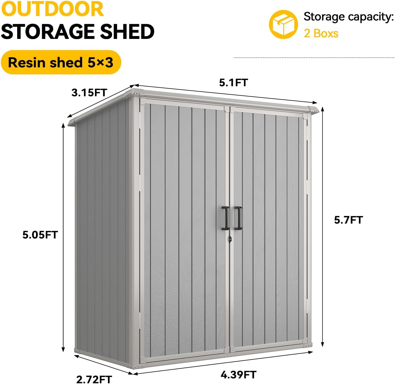 Aoxun 5x3 FT Outdoor Storage Shed, Plastic Garden Resin Shed with Floor for Patio, Lawn, Outdoor Storage Cabinet with Lockable Door for Bike, Tools, Garbage Can, Grey
