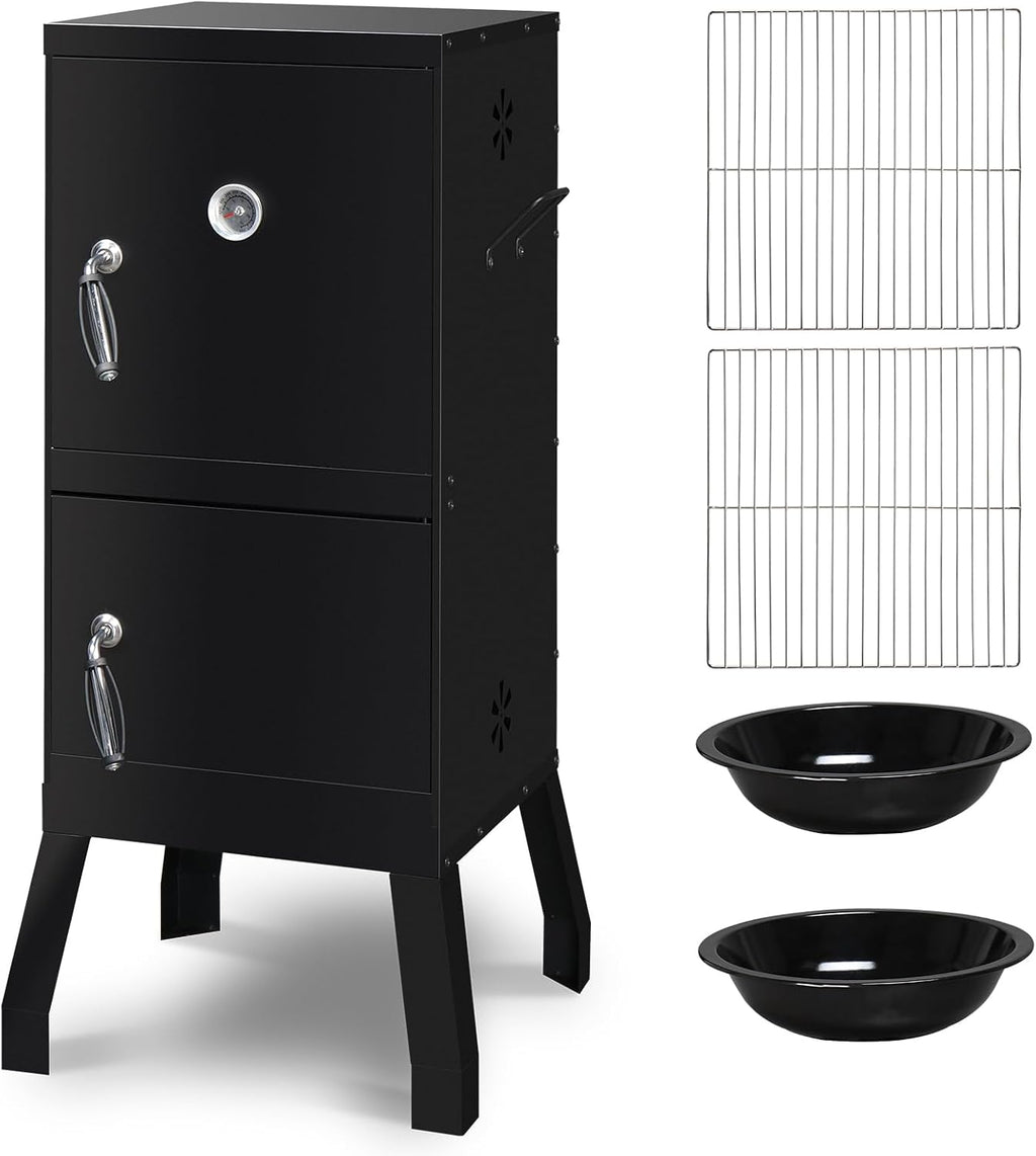 Vertical Charcoal Smoker with Double Doors & 2 Detachable Grill Racks – Outdoor BBQ Smoker Oven with Adjustable Air Vents, Thermometer & Water Pan – Heavy-Duty Camping/Backyard Grill (40.5x39x