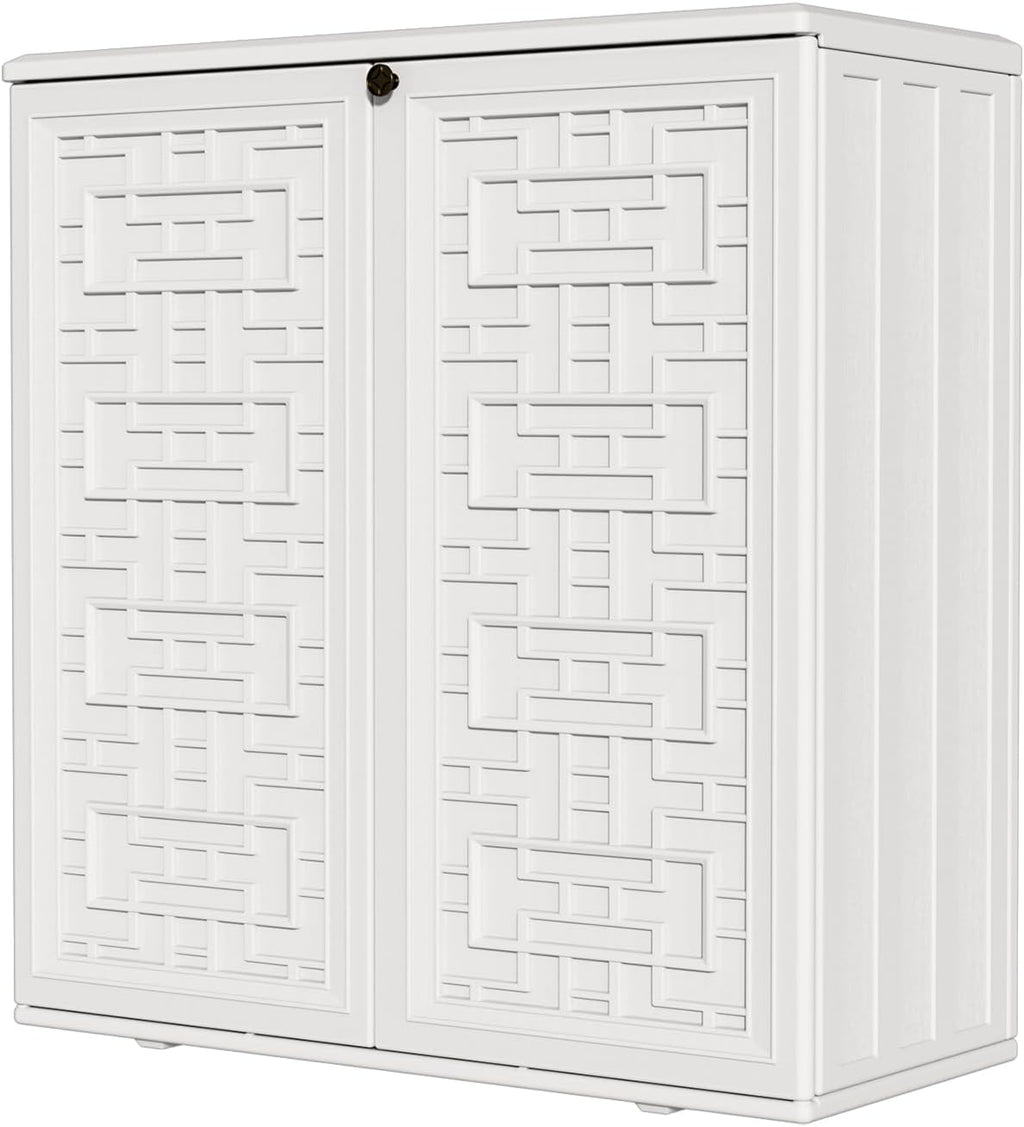 HOMSPARK Indoor/Outdoor Storage Cabinet with Doors and Shelf, 34'x15'x36' HDPE Plastic Storage Box Waterproof for Patio, Garden, Balcony, Multi-Purpose for Daily Tools, White
