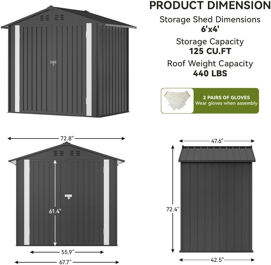 COMHOMA Shed Outdoor Storage Shed Metal,Lockable Doors Tool Sheds with Sloping Roof,Steel Garden Shed with Air Vent for Backyard,Patio,Lawn,Poolside(Grey,6'x4')