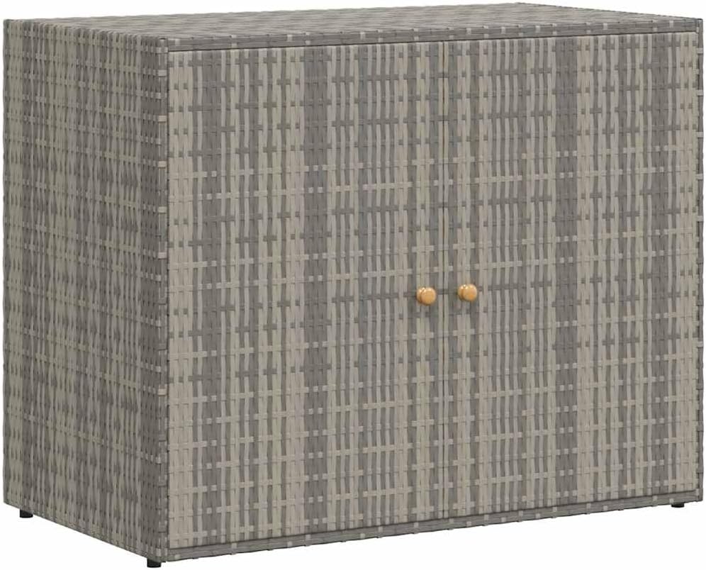 vidaXL Garden Storage Cabinet, Outdoor Tool Chest, Gray Poly Rattan with Solid Acacia Wood Door Knobs, Powder-Coated Steel Frame, Weather-Resistant Design, 39.4'x21.9'x31.5'