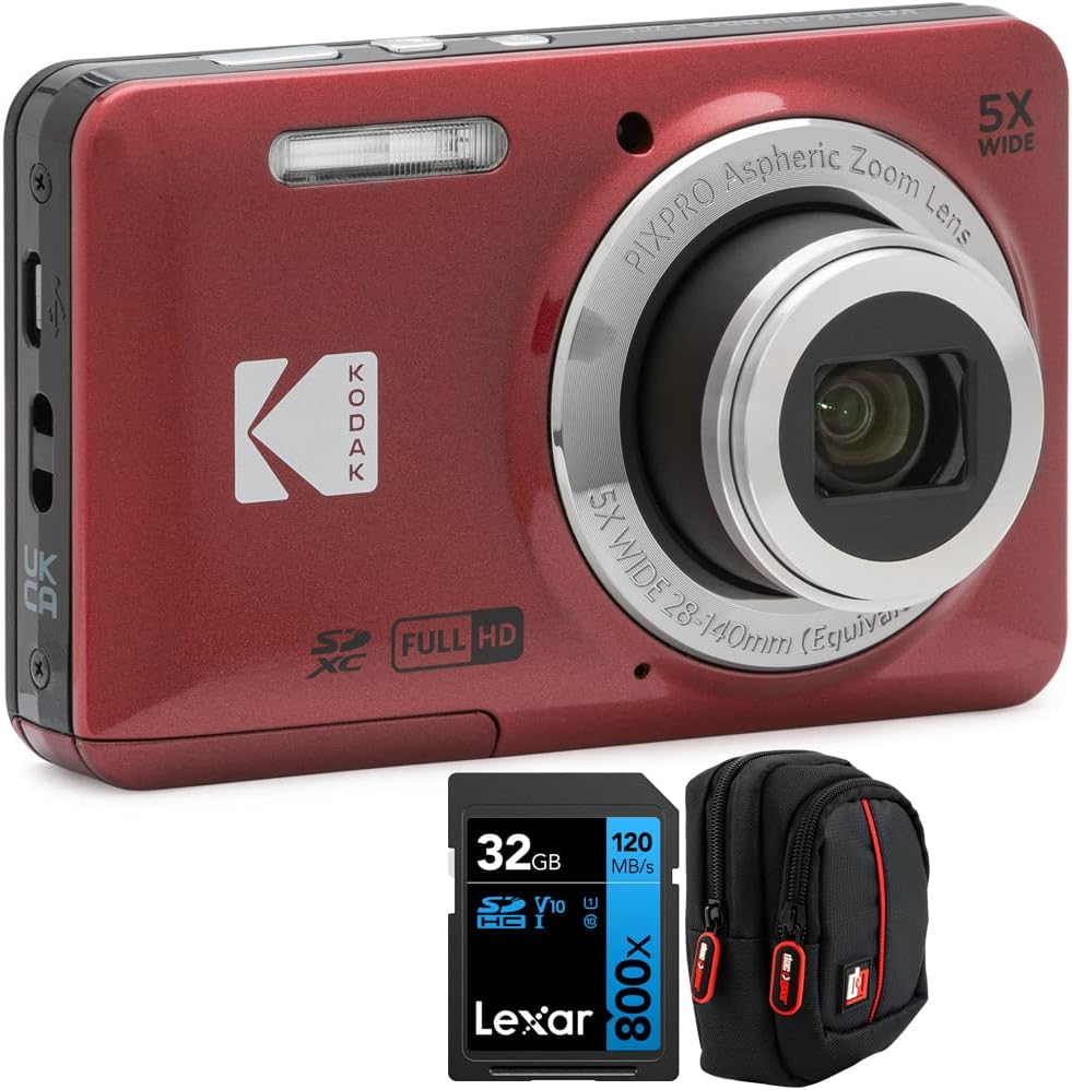 Kodak PIXPRO FZ55 Digital Camera, Red Bundle with Lexar 32GB High-Performance 800x UHS-I SDHC Memory Card + Deco Photo Point and Shoot Field Bag Camera Case