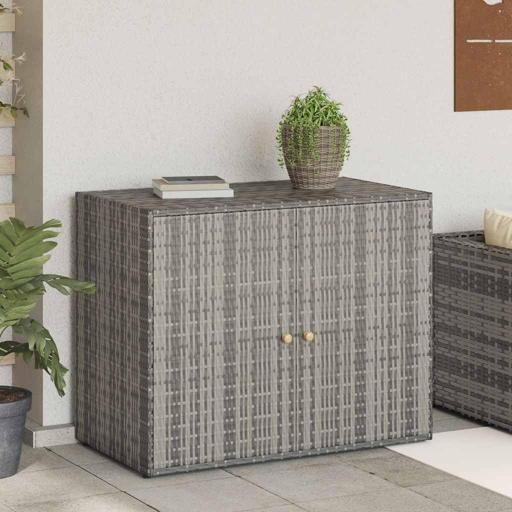 vidaXL Garden Storage Cabinet, Outdoor Tool Chest, Gray Poly Rattan with Solid Acacia Wood Door Knobs, Powder-Coated Steel Frame, Weather-Resistant Design, 39.4'x21.9'x31.5'