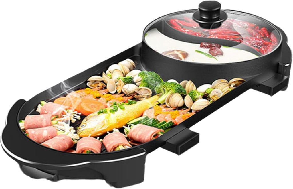 Electric Smokeless Non-Stick Removable Hotpot Pot,with Grill 2 In 1, Korean Barbecue Pan Indoor for Independent Dual Temperature Control Fast Heating