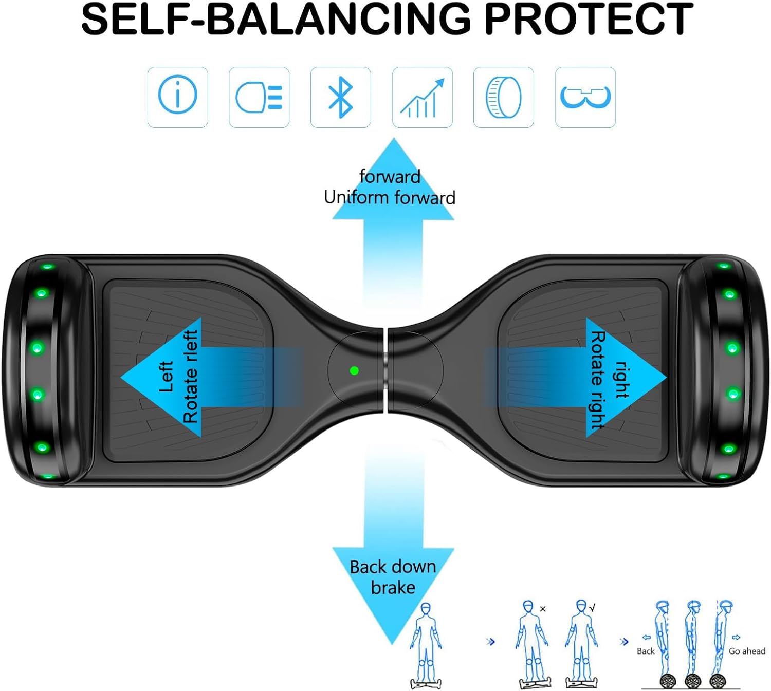 LIEAGLE Hoverboard, 6.5' Self Balancing Scooter Hover Board with Bluetooth Wheels LED Lights for Kids Adults