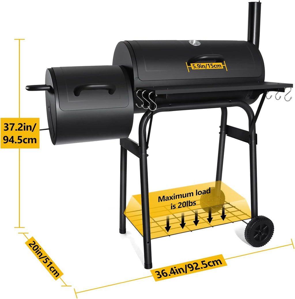 Outdoor Charcoal Grill with Smoker, Leonyo 14Inch Wide Charcoal Grill with Offset Smoker for Backyard Party Cooking, 438 Sq.in. BBQ Cooking Surface,Black