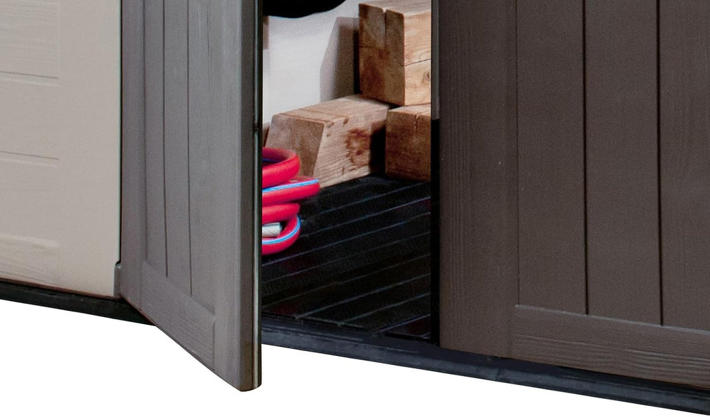 Keter Factor (8x6 ft) Large Resin Outdoor Storage Shed for Patio Furniture, Lawn Mower, Garden Accessories Yard Tools, and Pool Toys, Taupe