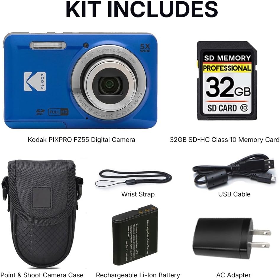 Kodak PIXPRO FZ55 Digital Camera, 16MP Compact Point & Shoot, 5X Optical Zoom, 28mm Wide Angle Lens, 1080P Full HD Video, Blue + Camera Case & 32GB SD Card