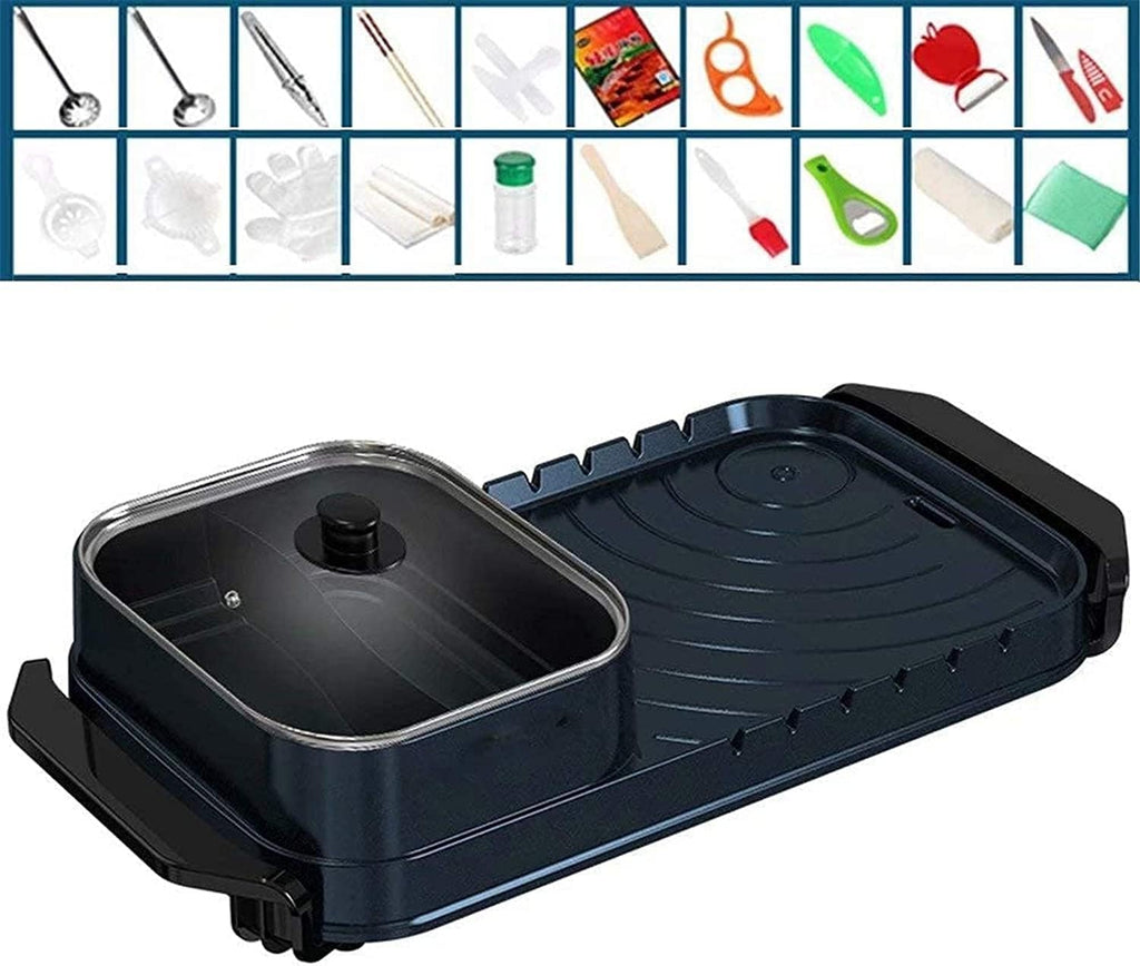 Indoor Korean Barbecue Grill Hot Pot Double Pot Electric Grill Table Grill with Lid Barbecue Hot Pot - 2200W 2 Grid 2 Flavor Non-Stick Pan Large Capacity Barbecue Indoor,Green 2,50 * 30 * 11Cm,P