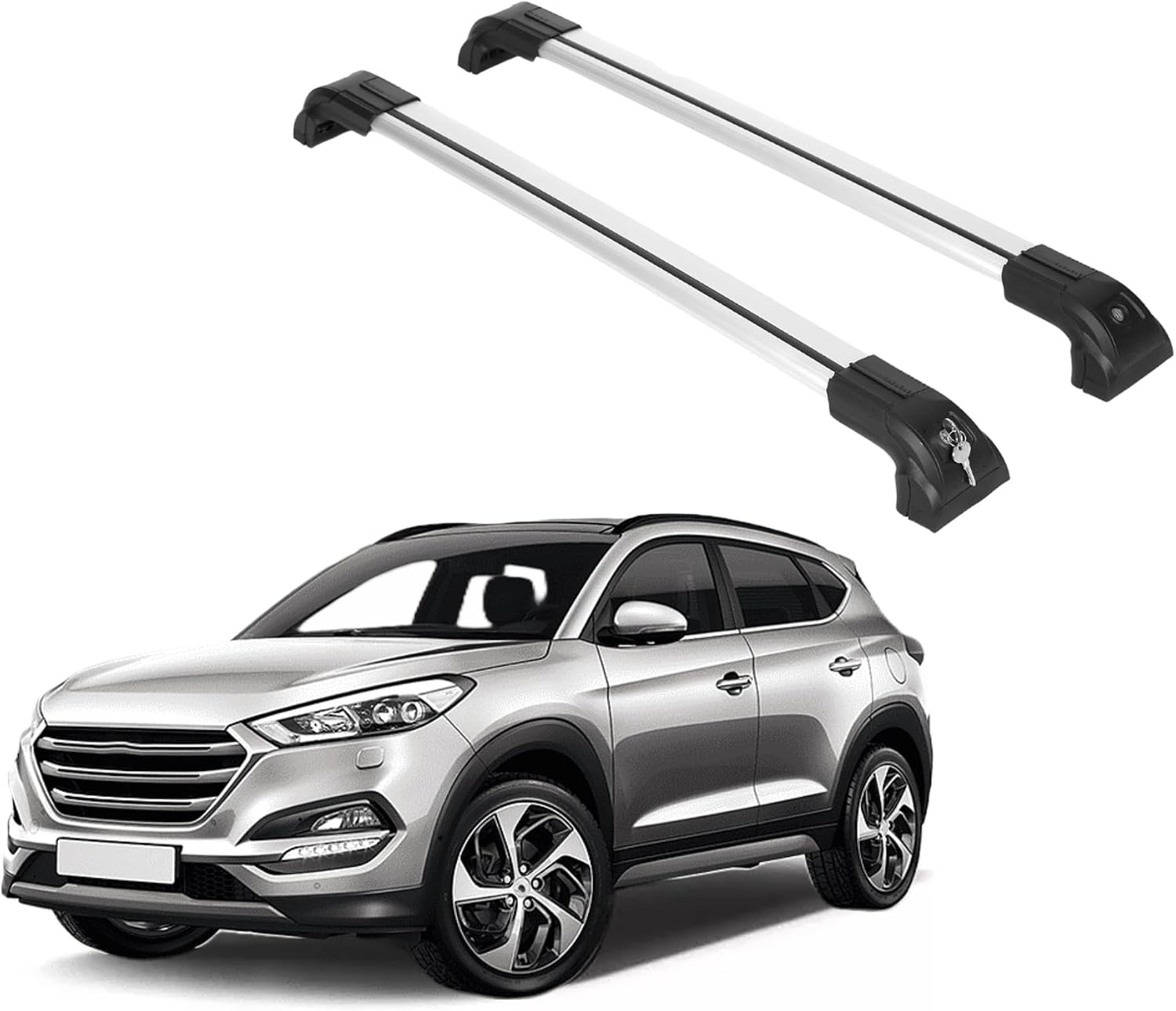 ERKUL Heavy Duty 220lbs Roof Rack Cross Bars for Hyundai Tucson 2016-2021 | Solid Metal Mounts | Aluminum Crossbars with Anti Theft Lock for Rooftop - Compatible with Flush Rails - Silver