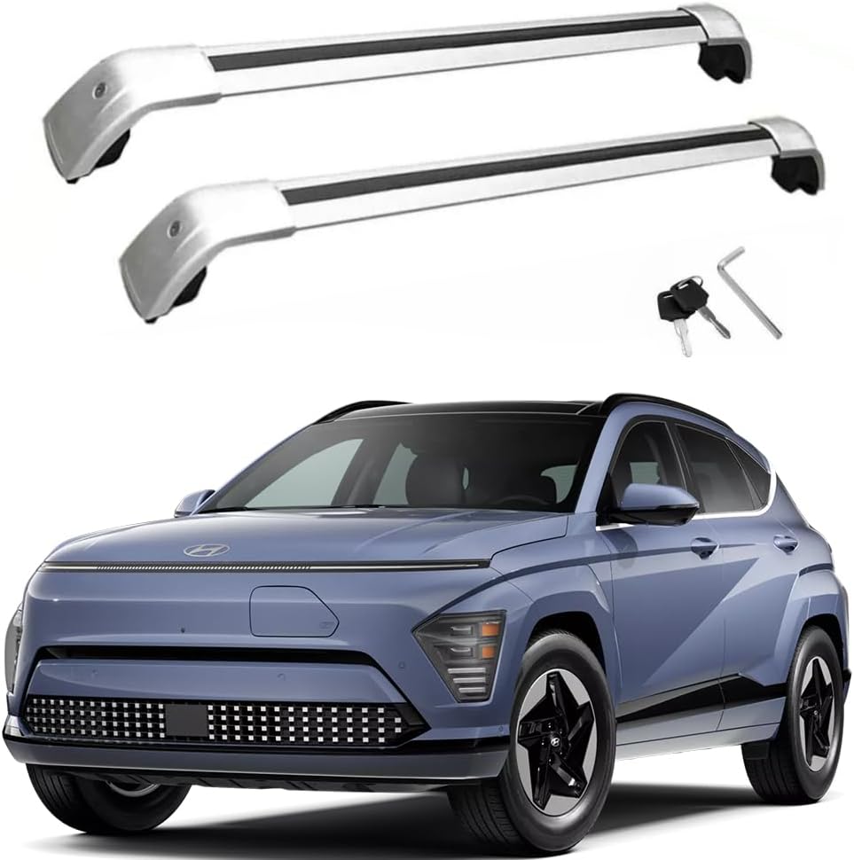 Lockable Roof Rack Cross Bars Compatible with Hyundai KONA Electric 2024 2025 SEL N-Line Limited（with roof Rails） Luggage Cargo Carrier Anti-Theft Metal Roof Rack Cross Rails 240lbs Silver