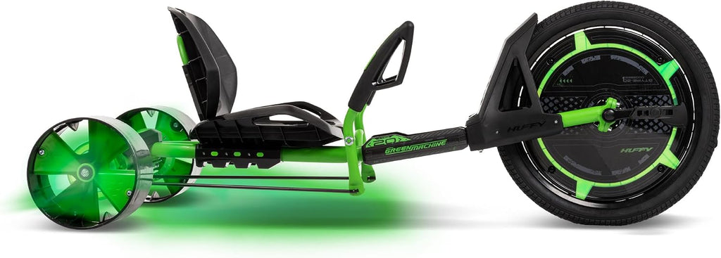 Huffy Green Machine 20 Inch Drift Trike, Sleek Ergonomic Design, Adjustable Seat, Durable Steel Frame, Easy to Operate, Drift Trike for Kids Ages 8+, LED Light Accents, Coaster Brake, Green and Black